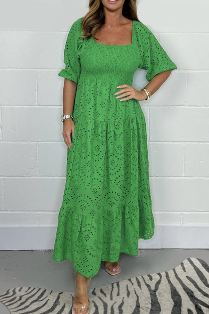 Women's Casual Solid Color Embroider Swing Dress Drak green