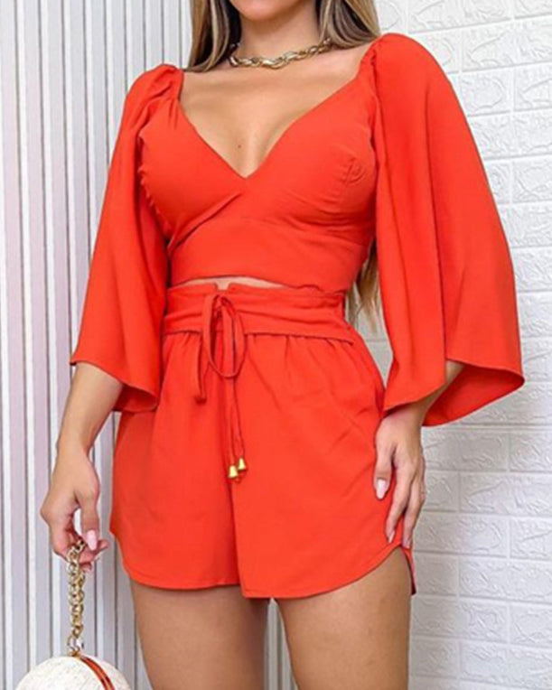 V-Neck Backless Bell Sleeve Shirt Shorts Casual Suit