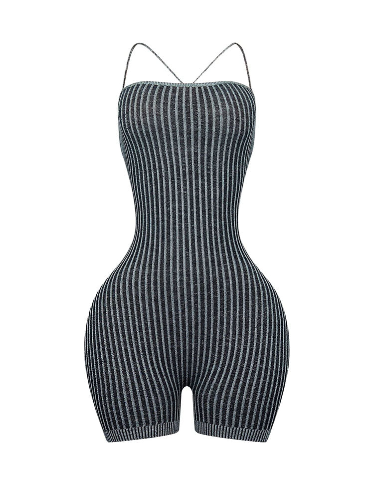 Strap Backless Ribbed Knit Romper