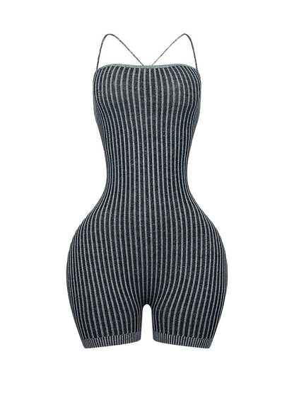 Strap Backless Ribbed Knit Romper