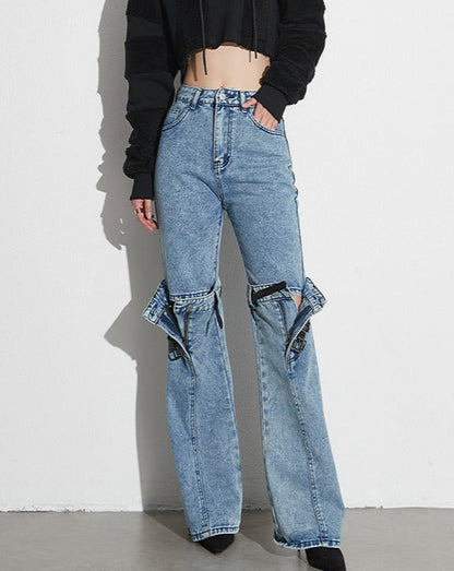 Retro Mid-Waist Straight Leg-Revealing Casual Trousers Women Blue