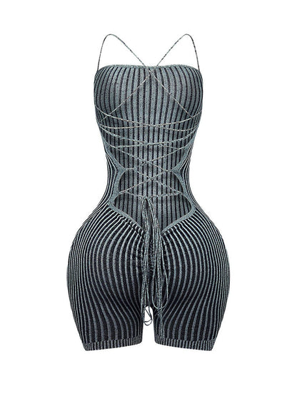 Strap Backless Ribbed Knit Romper