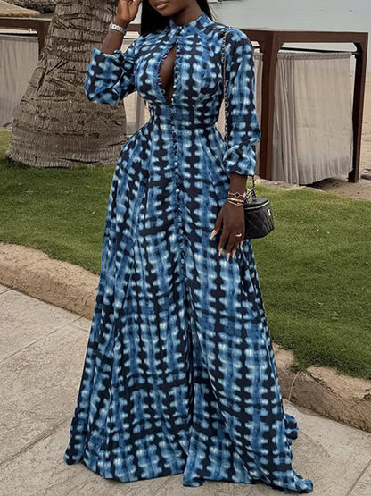Plaid Print Cut‑Out Maxi Dress