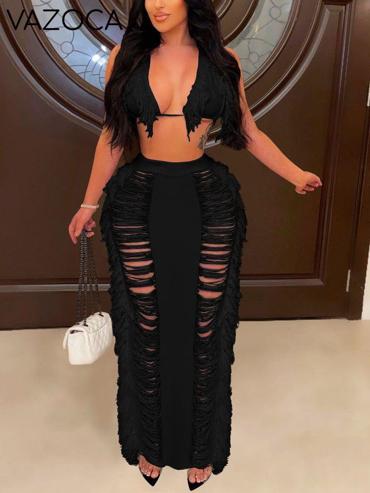 Fringe Halter Trim Top & Skirt Set