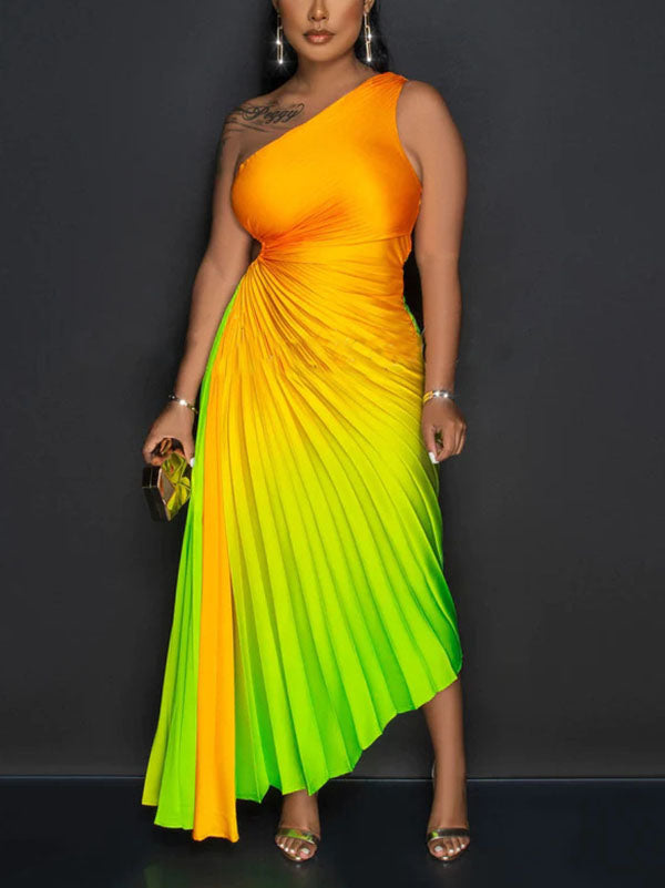 Gradient One Shoulder Pleated Dress
