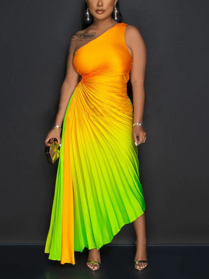 Gradient One Shoulder Pleated Dress