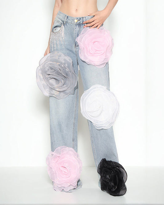 Designed High-Waisted Straight-Leg 3-Dimensional Flower Patchwork Jeans Lightblue