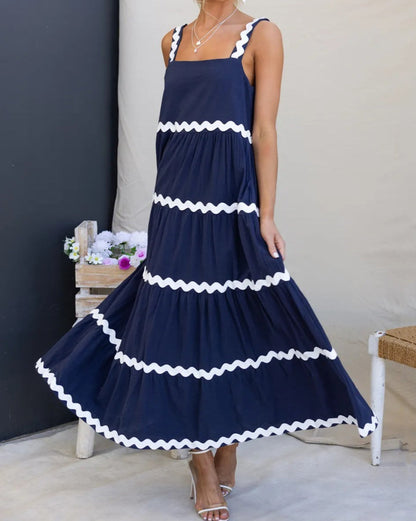 Simple Tube Top and Flared Hem Long Dress Navy