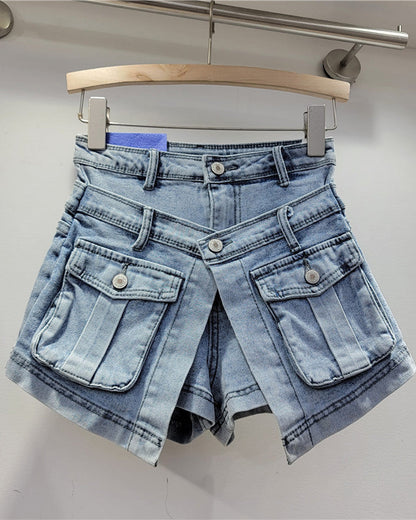 Slim High Waist Washed Fake Two Piece Wide Leg Denim Shorts Lightblue