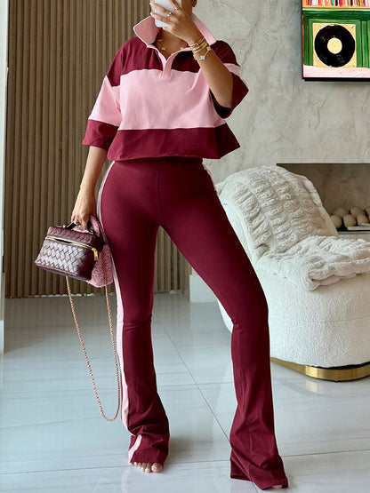 Colorblock Cropped Polo Top & Flare Leggings Set