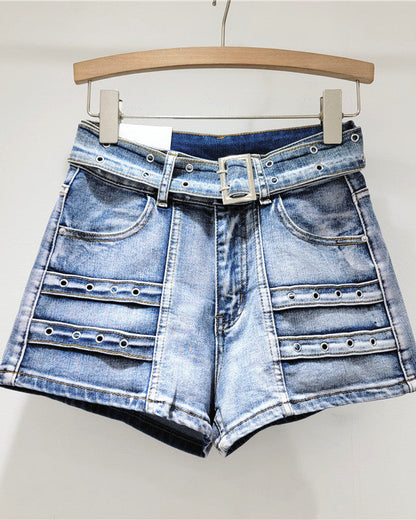 Retro High Waist Loose Stretch Denim Shorts Blue