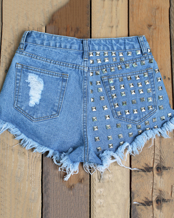 Distressed Rivets Irregular Whiskered Denim High-Waisted Shorts