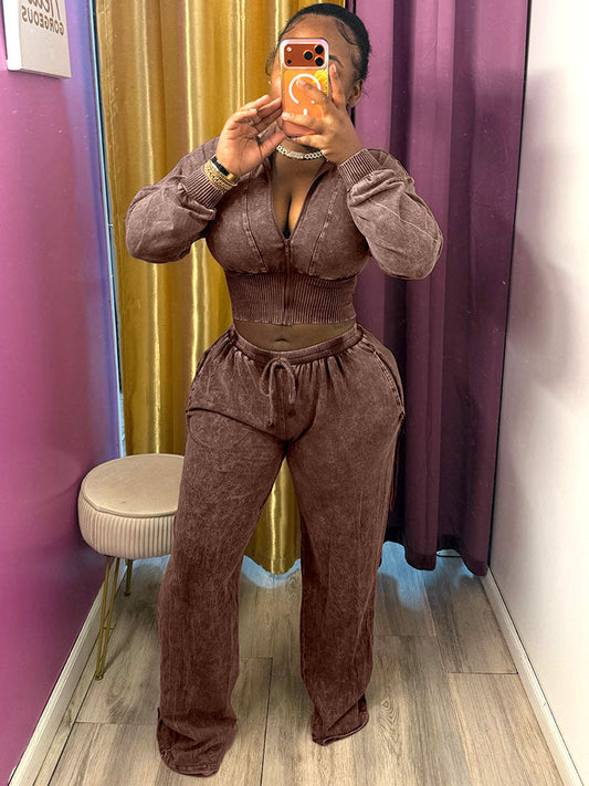 Acid Wash Cropped Jacket & Wide Pants Set