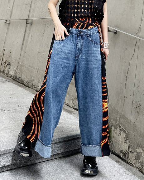 Retro Contrast Paneled Pleated Casual Straight Leg Jeans