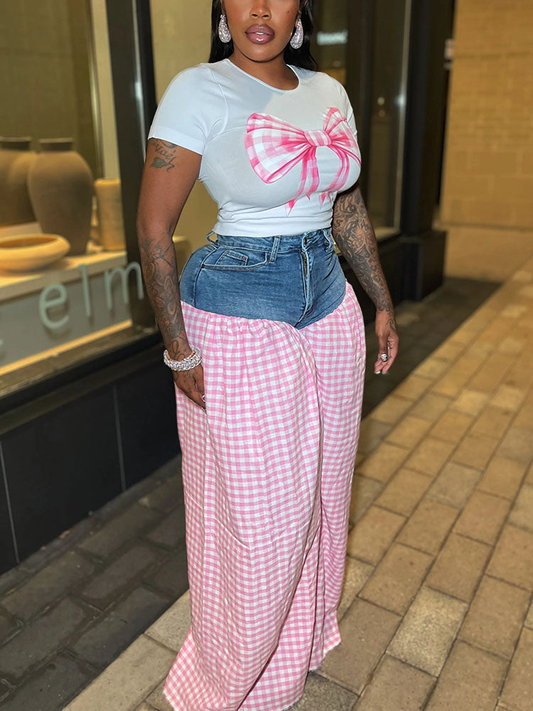 Bow Printed Top & Denim Gingham Pants Set