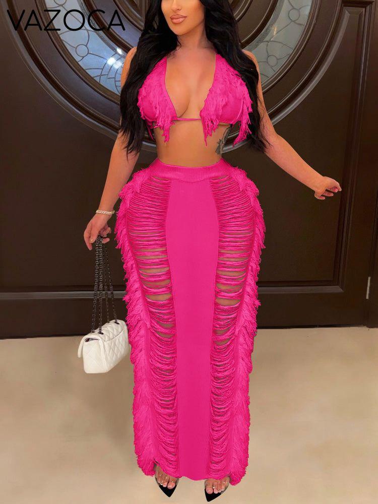 Fringe Halter Trim Top & Skirt Set