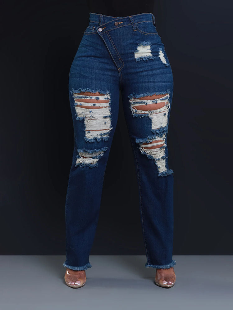 Distressed Asymmetrical Zip Jeans