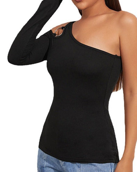 Irregular Off-Shoulder Sexy Long-Sleeved Hollow Single-Sleeved Top Black