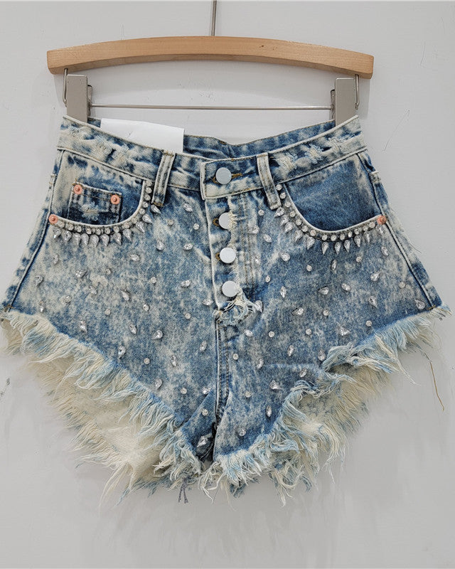 Rhinestone Beaded Fringed 3-Quarter Denim Shorts