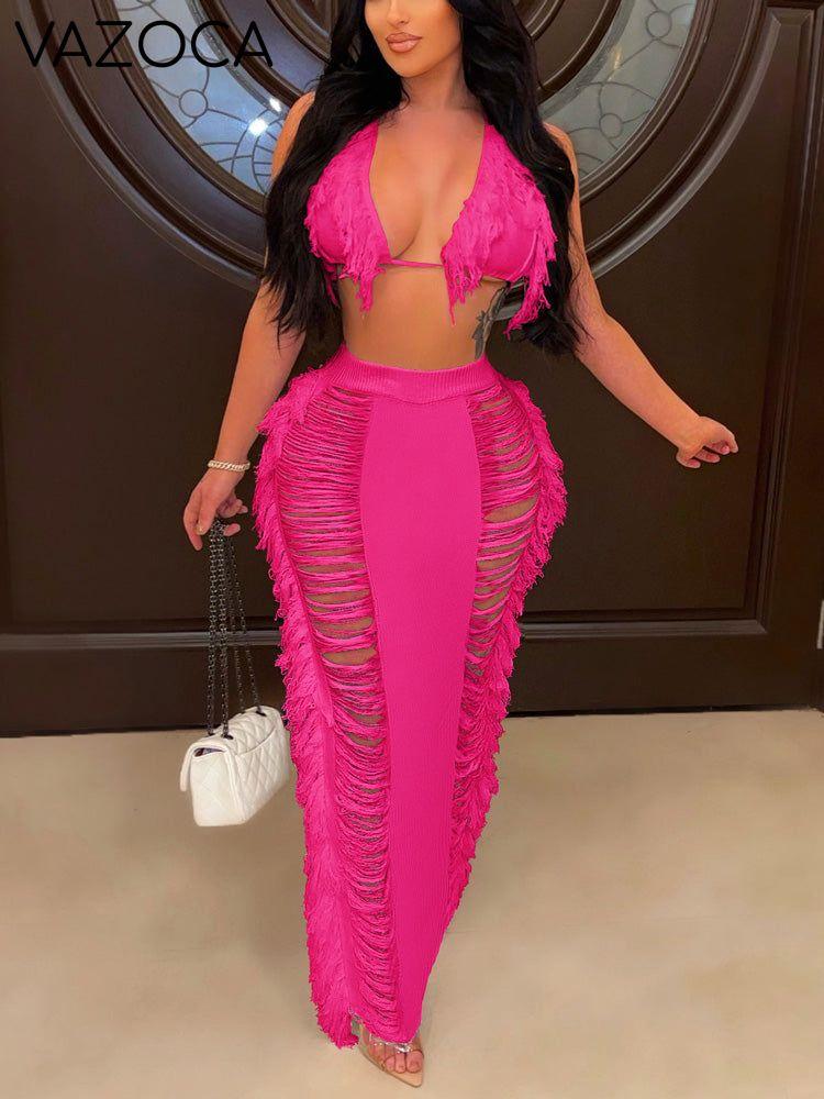 Fringe Halter Trim Top & Skirt Set
