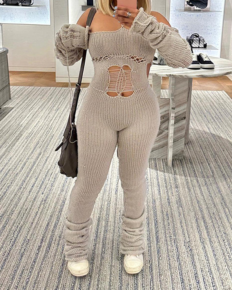 Sexy Strappy Halterneck Knitted Long-Sleeved Slim Fit Jumpsuit