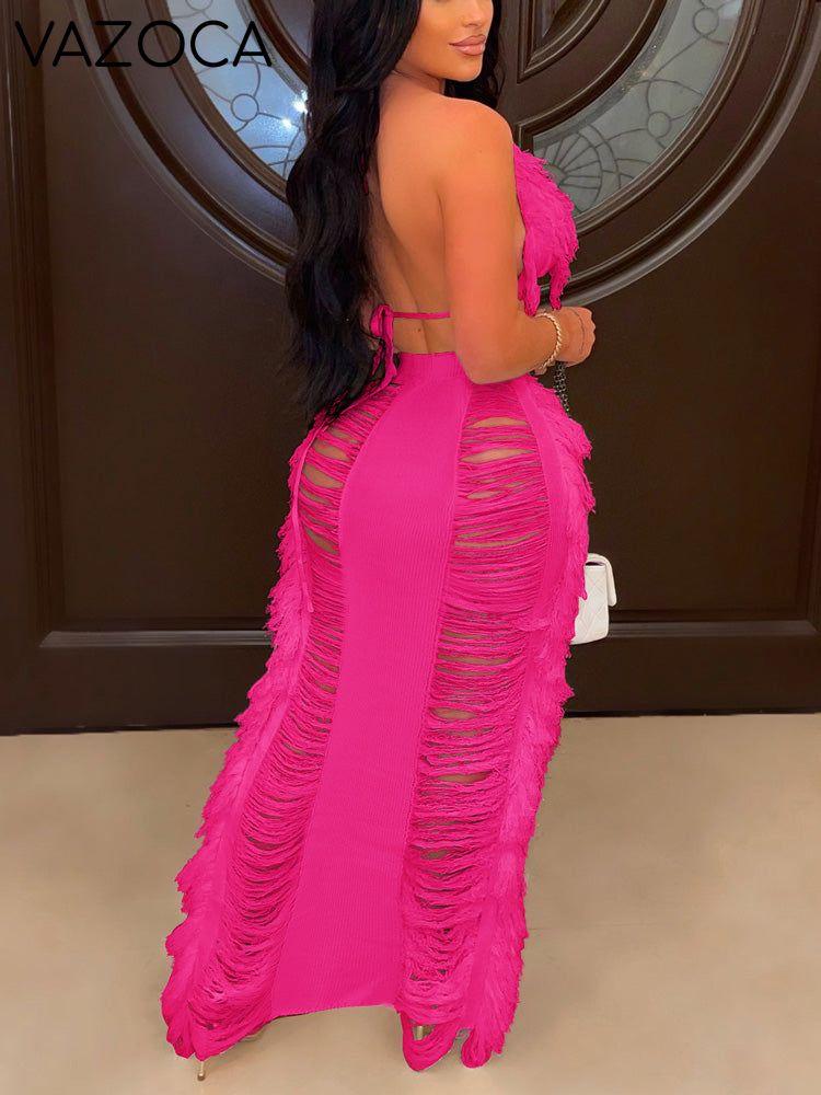 Fringe Halter Trim Top & Skirt Set