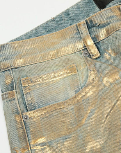 Brush Gold Straight-Leg Metal Baggy Jeans