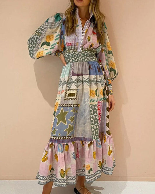 Printed and Painted Long-Sleeved Fashionable Casual Long Dress Multicolor