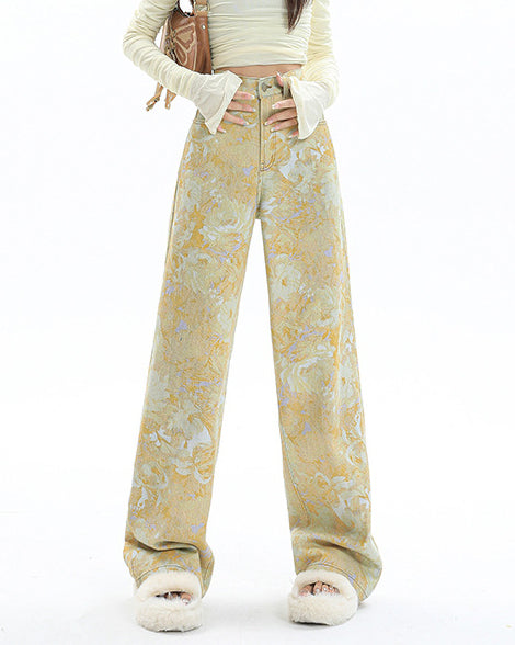 Yellow Tie-Dye Smudged Cowboy Loose Wide-Leg Jeans Yellow