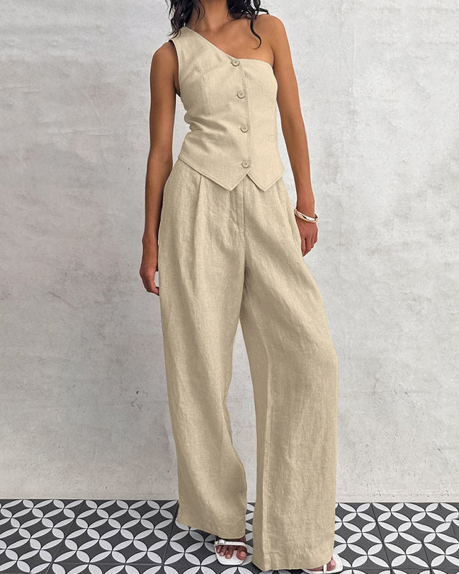 Cotton and Linen Sleeveless Vest With Irregular Collar Suit