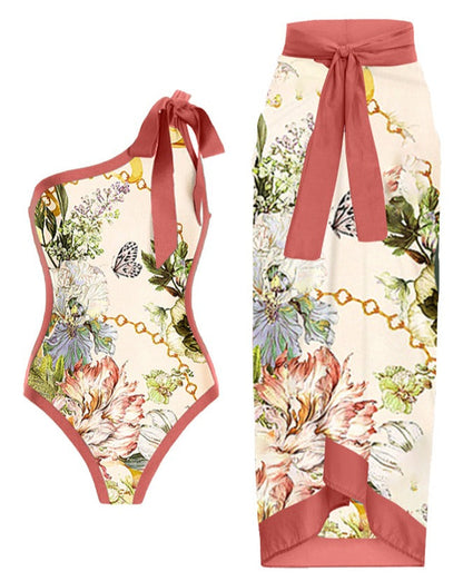 One Shoulder Floral Print One Piece Swimsuit and Skirt Cornsilk