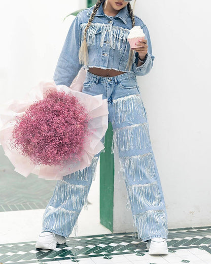 Sequined Fringed Straight-Leg Jeans