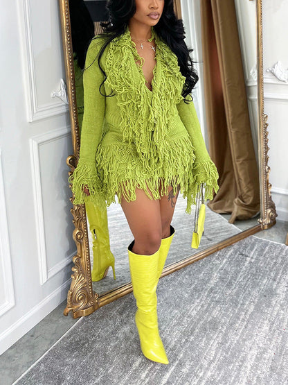 Fringe Knit Sweater & Skirt Set