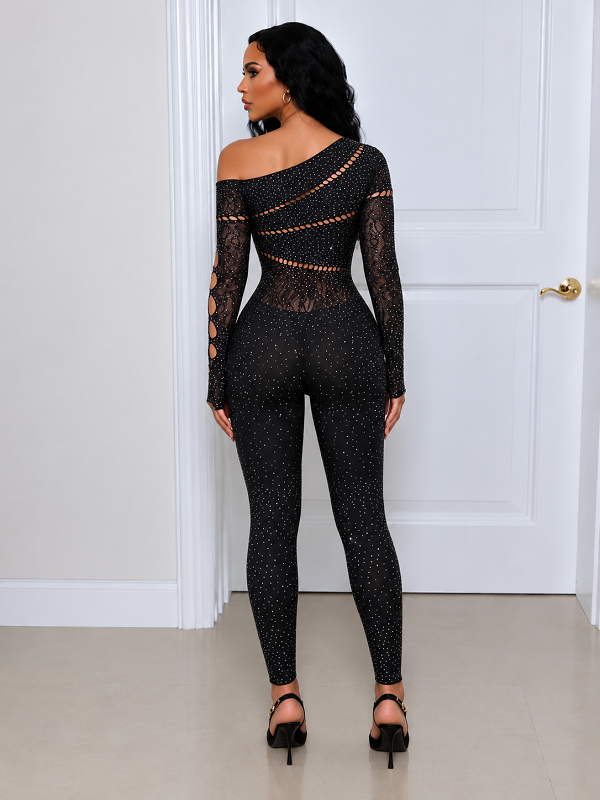 Rhinestone Sheer Cutout Jumpsuit