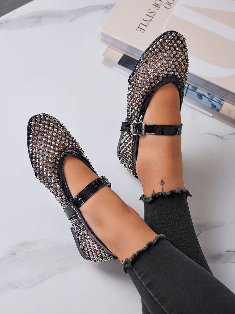 Rhinestone Leather Ballet Flats