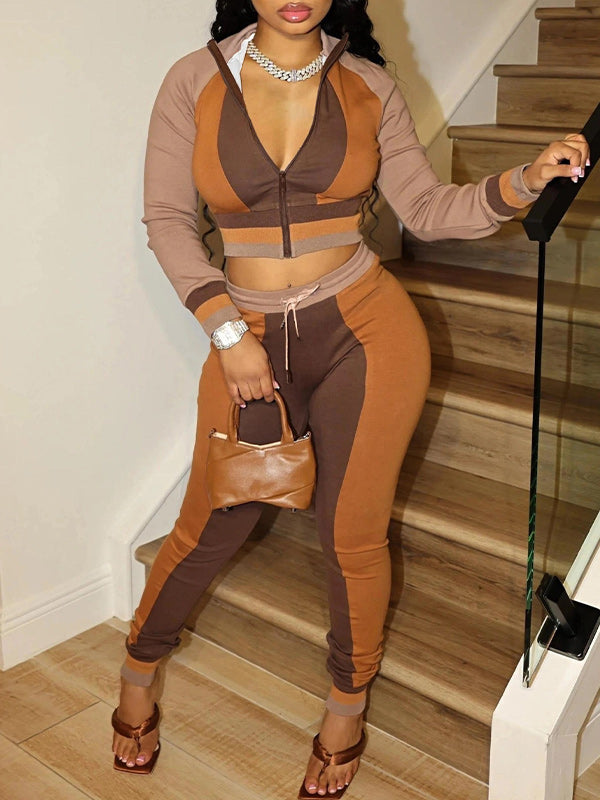 Colorblock Top & Drawstring Pants Set