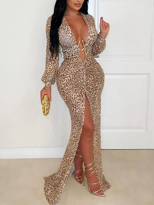 Leopard Deep-V Slit Dress
