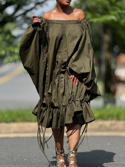Solid Off-Shoulder Drawstring Dress
