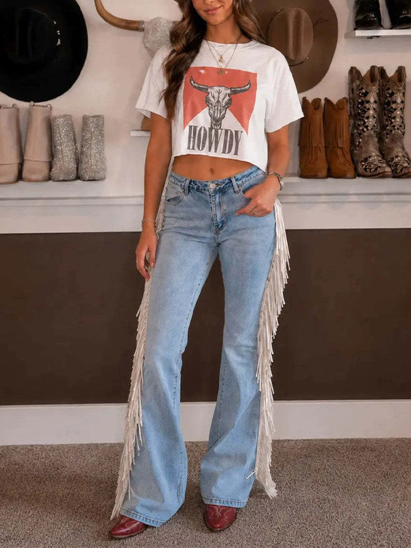 Fringed Denim Flare Pants