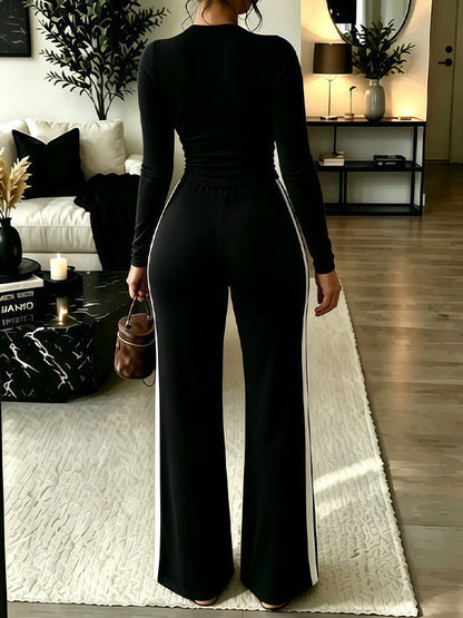 Solid Top & Striped Pants Set