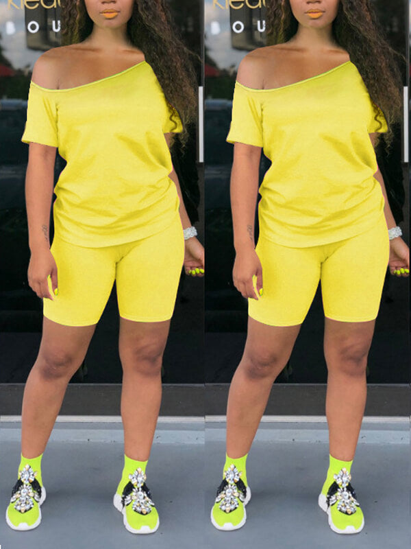 Solid Boat-Neck Tee & Biker Shorts Set