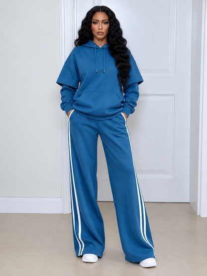 Solid Hoodie & Striped Pants Set