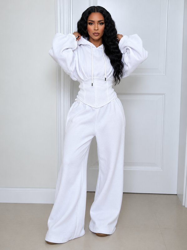 Solid Hoodie Cinched Waist Top & Pants Set