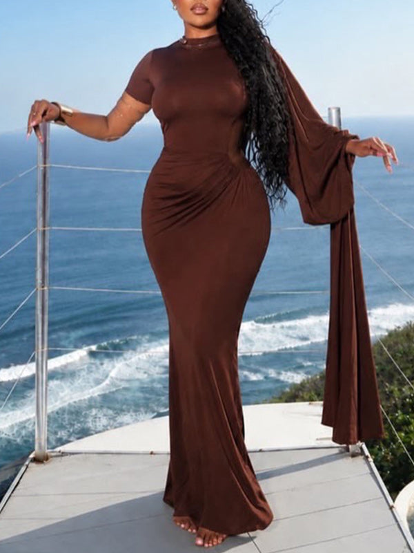 Solid One‑Side Cape Sleeve Maxi Dress