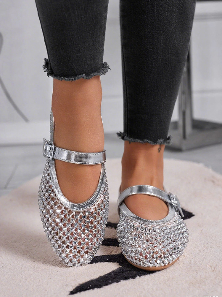 Rhinestone Leather Ballet Flats
