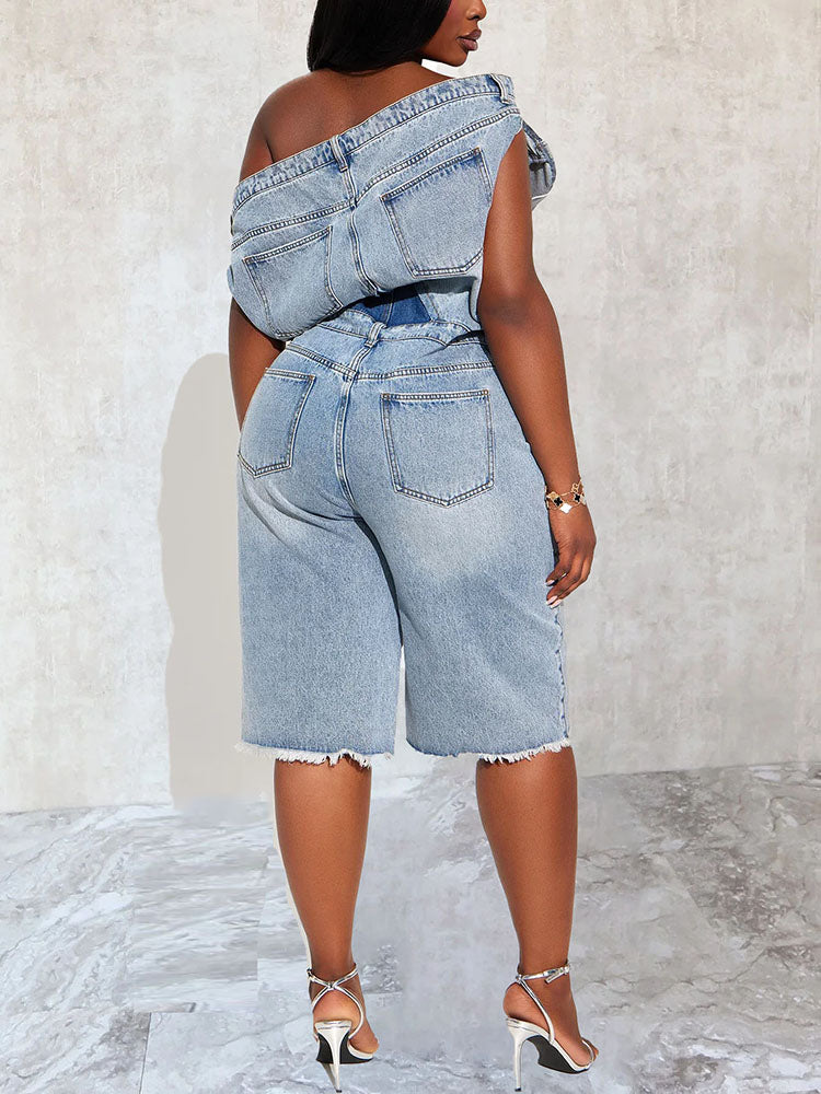 Asymmetric Off-Shoulder Denim Jumpsuit