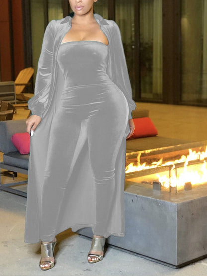 Gorgeousladie Velvet Jumpsuit & Duster Set