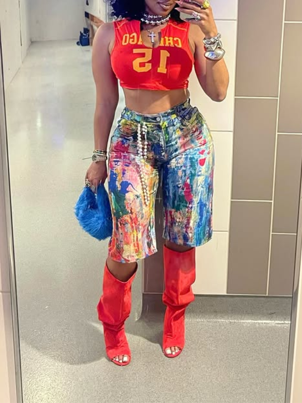 Abstract Painted Straight Denim Shorts