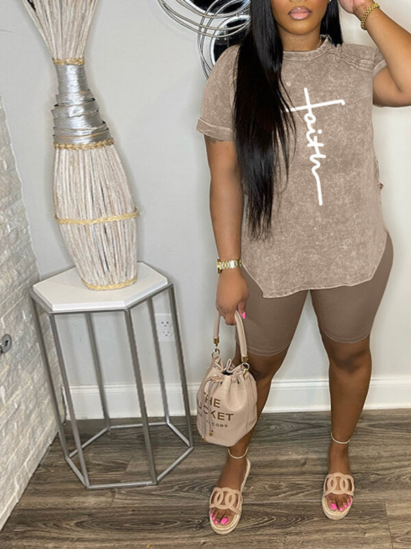 Logo Printed Slit Tee & Biker Shorts Set-Clearance