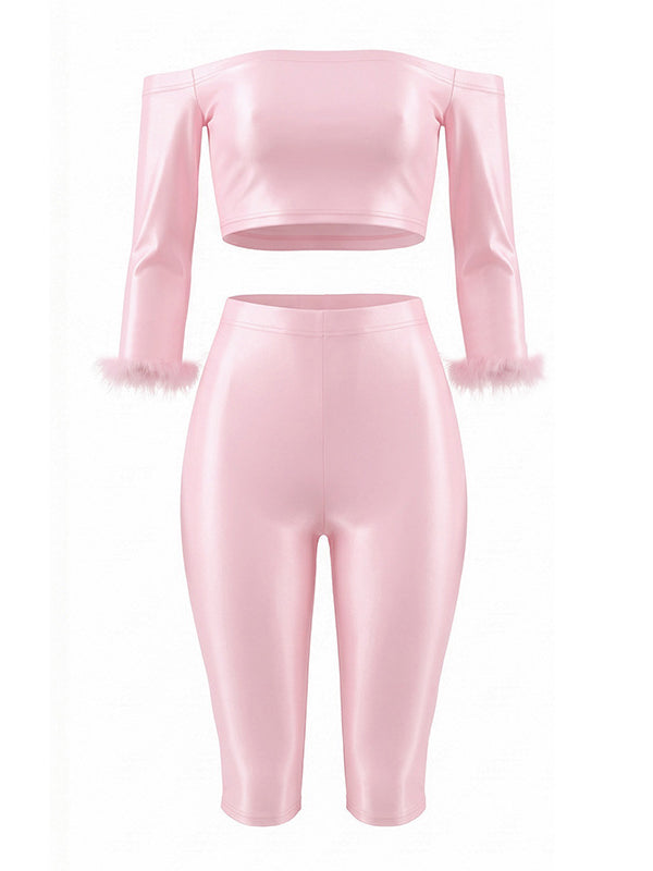 Solid Off-Shoulder Cropped Top & Capri Pants Set